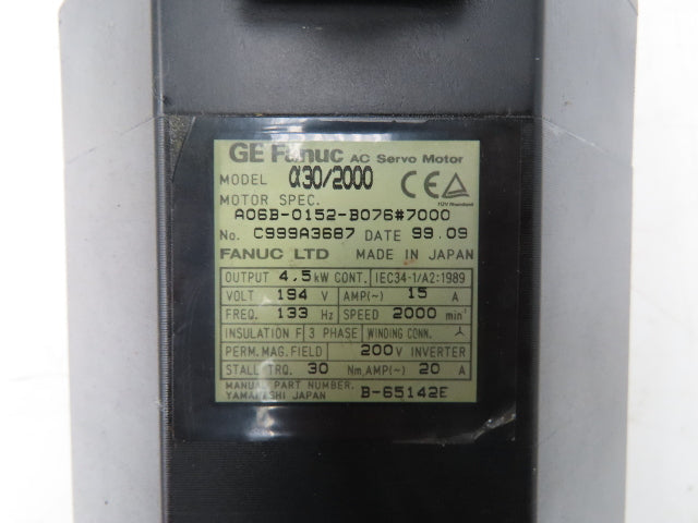 Fanuc A06B-0152-B076 AC Servo Motor 4.5kW 194v 3Ph 2000RPM Encoder A8600360V511
