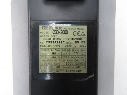 Fanuc A06B-0152-B076 AC Servo Motor 4.5kW 194v 3Ph 2000RPM Encoder A8600360V511