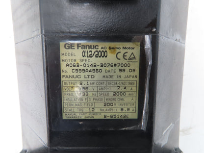Fanuc A06B-0142-B076 AC Servo Motor 2.1kW 186v 3Ph 2000RPM Encoder A8600360V511