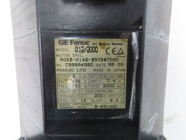 Fanuc A06B-0142-B076 AC Servo Motor 2.1kW 186v 3Ph 2000RPM Encoder A8600360V511