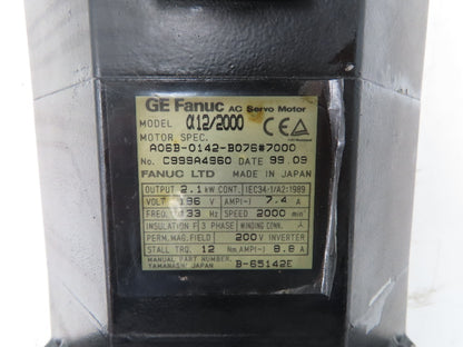 Fanuc A06B-0142-B076 AC Servo Motor 2.1kW 186v 3Ph 2000RPM Encoder A8600360V511