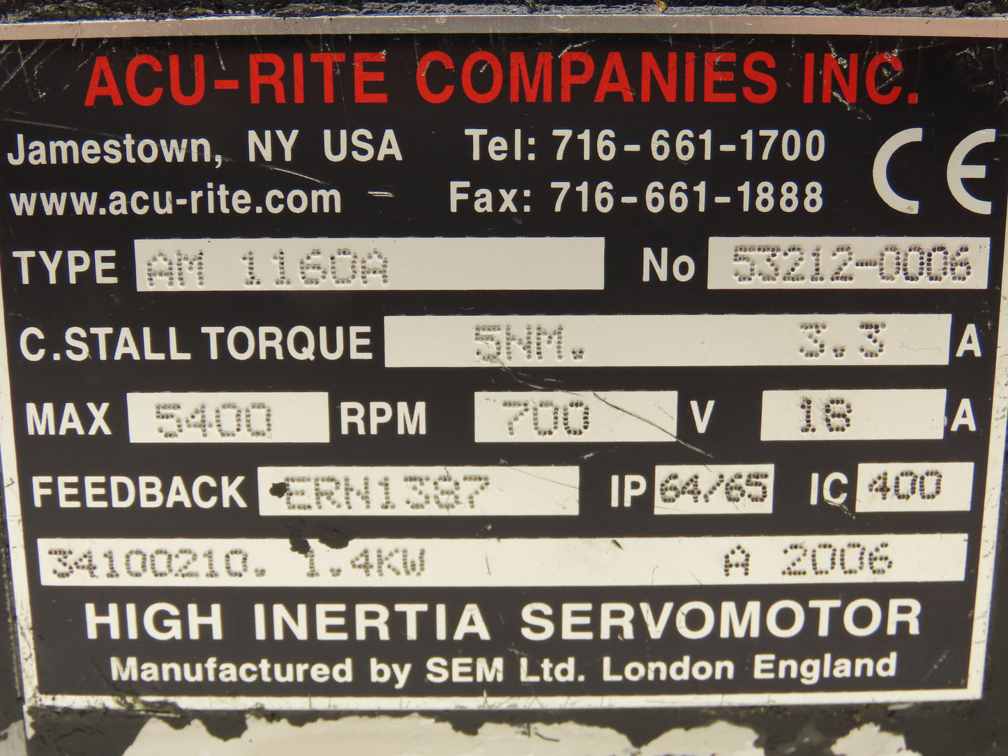 Acu-Rite AM 1160A AC High Inertia Servo Motor Fryer 1.4kW 1.9Hp 5400rpm 700v 3ph