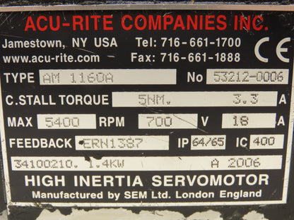 Acu-Rite AM 1160A AC High Inertia Servo Motor Fryer 1.4kW 1.9Hp 5400rpm 700v 3ph