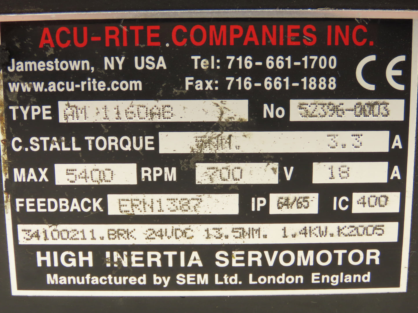 Acu-Rite AM1160AB AC High Inertia Servo Motor Fryer 1.4kW 1.9Hp 5400rpm 700v 3ph