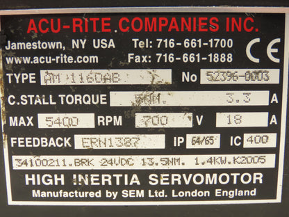 Acu-Rite AM1160AB AC High Inertia Servo Motor Fryer 1.4kW 1.9Hp 5400rpm 700v 3ph