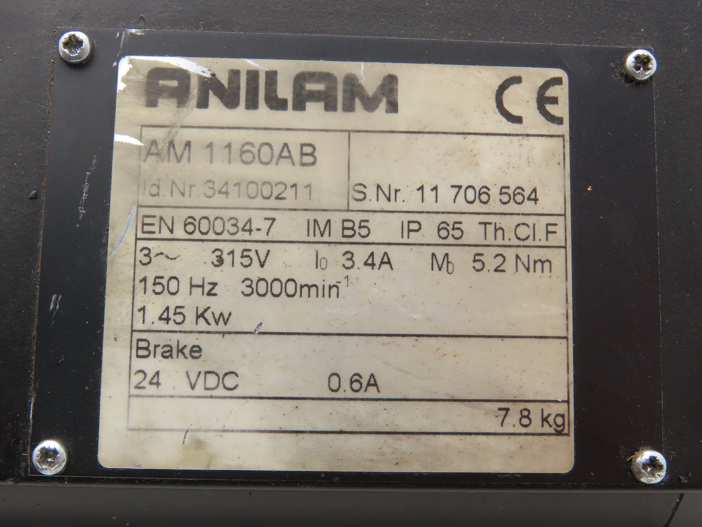 Anilam AM 1160AB AC High Inertia Servo Motor Fryer 1.45kW 1.9Hp 3000rpm 315v 3ph