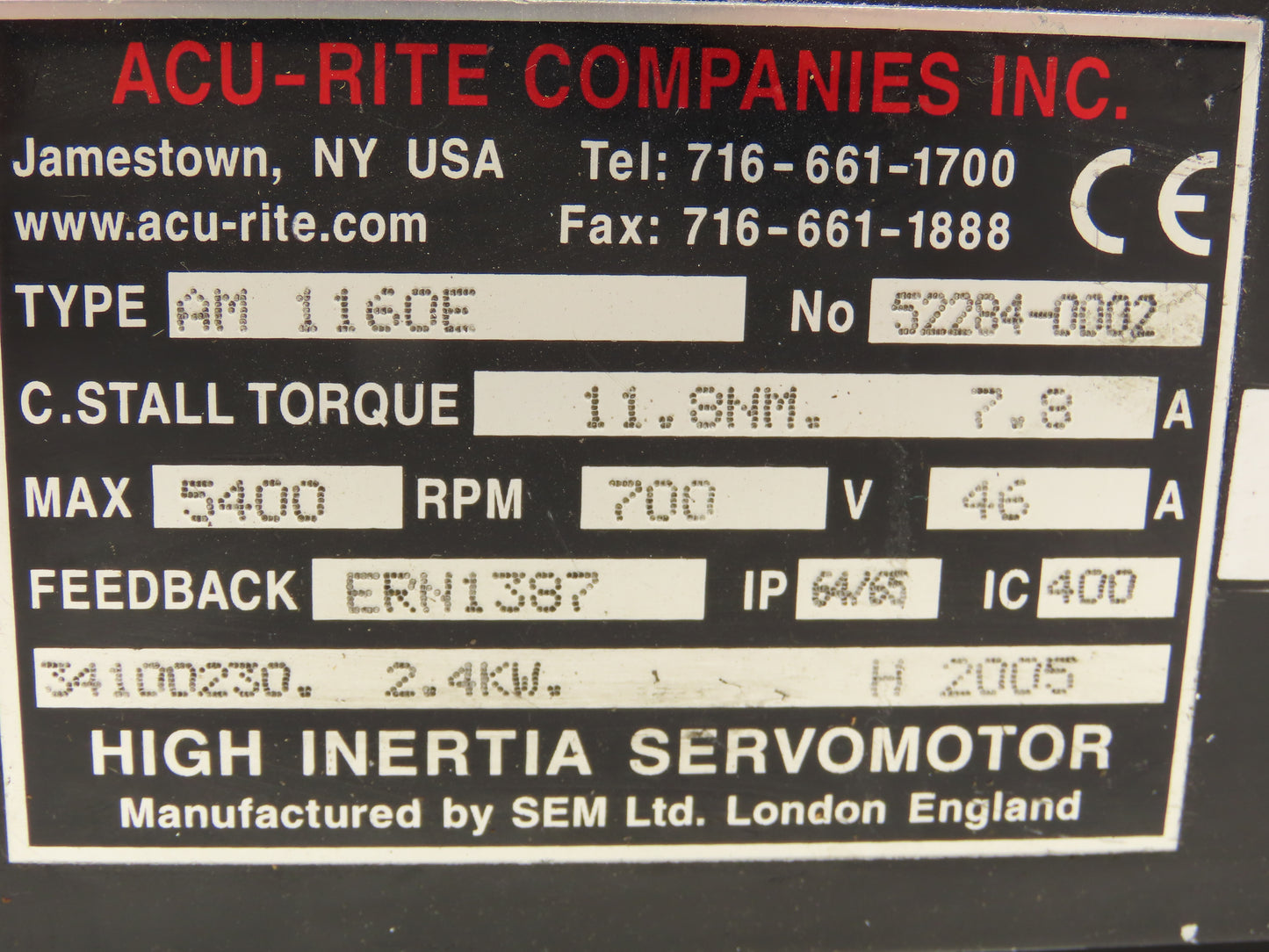 Acu-Rite AM1160E AC High Inertia Servo Motor Fryer 2.4kW 1.9Hp 5400rpm 700v 3ph