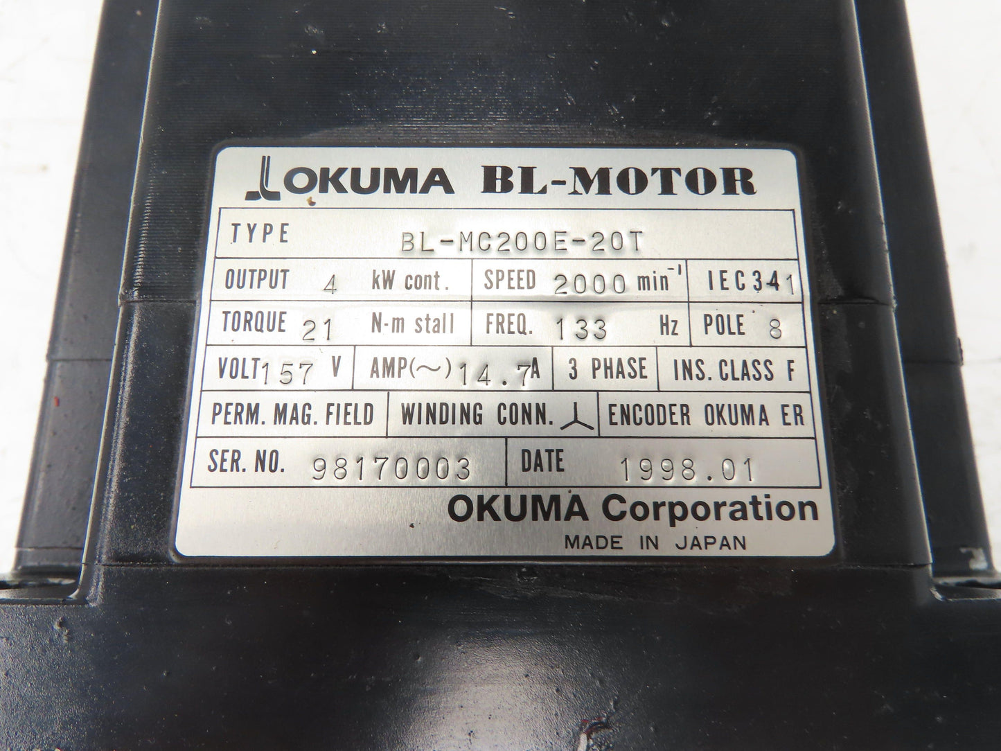 Okuma BL-MC200E-20T AC Servo Motor 4kW 2000 RPM 157V 3PH Encoder ER-FC-2048D