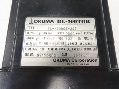 Okuma BL-MC200E-20T AC Servo Motor 4kW 2000 RPM 157V 3PH Encoder ER-FC-2048D