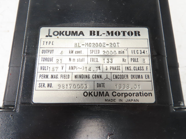 Okuma BL-MC200E-20T AC Servo Motor 4kW 2000 RPM 157V 3PH Encoder ER-FC-2048D