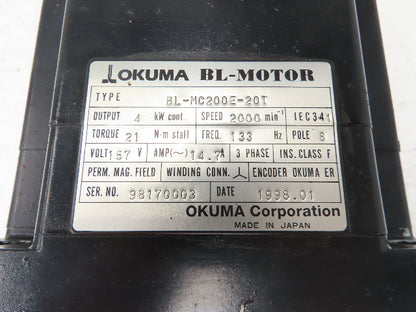 Okuma BL-MC200E-20T AC Servo Motor 4kW 2000 RPM 157V 3PH Encoder ER-FC-2048D