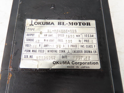 Okuma BL-MC400E-15S AC Servo Motor 6kW 1500 RPM 145V 3PH