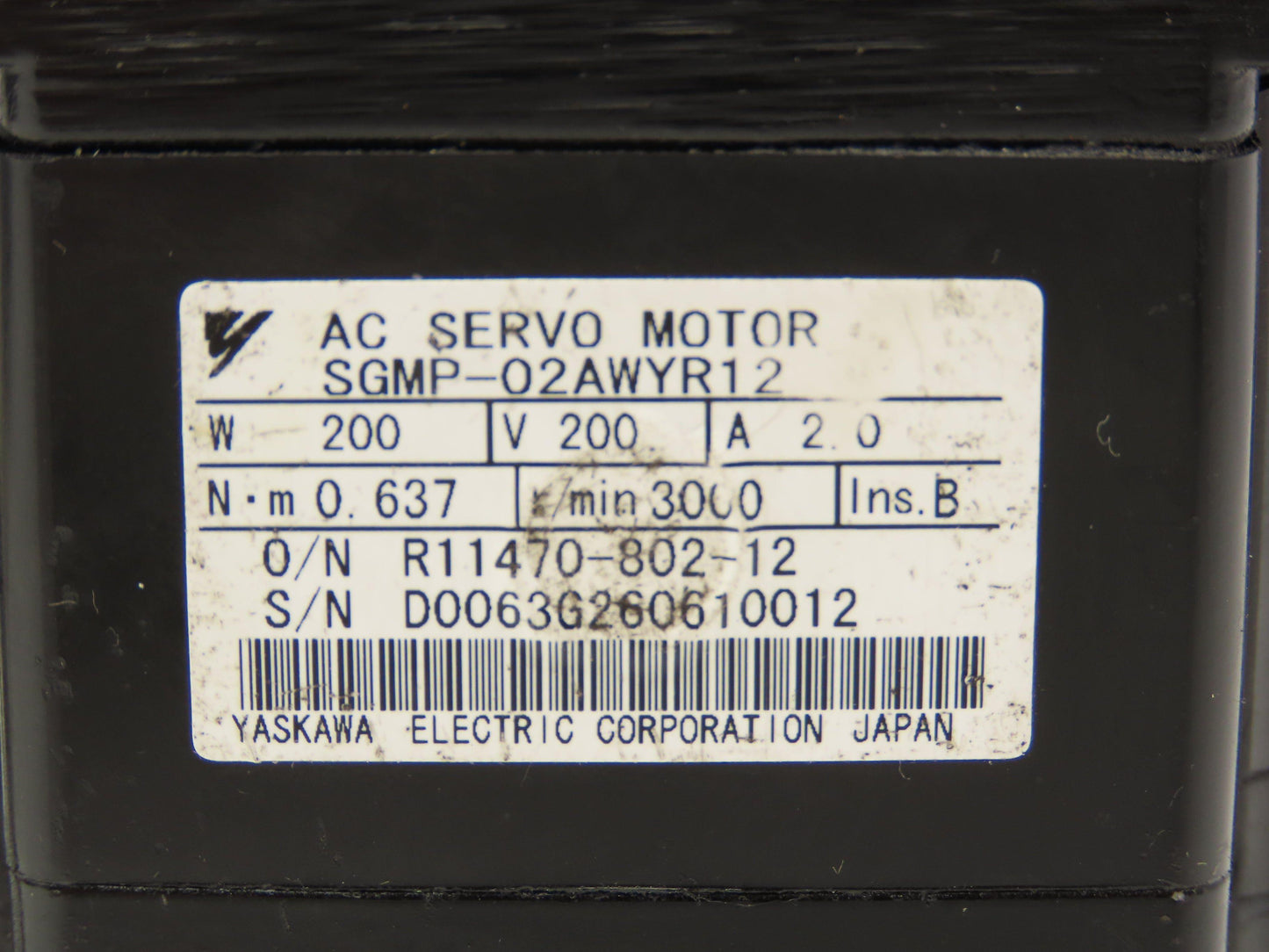 Yaskawa SGMP-02AWYR12 AC Servo Motor 0.2kW 200v 2.0A
