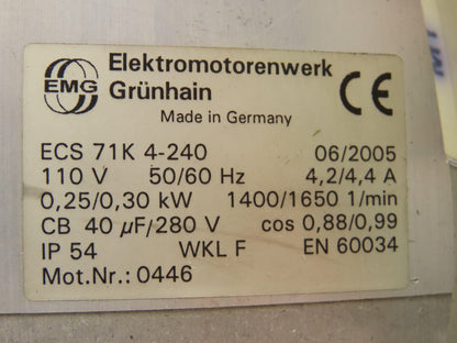 Elektromoterenwerk ECS 71K 4-240 AC Motor .3kW 1650rpm 110v 1ph 71Frame IP54