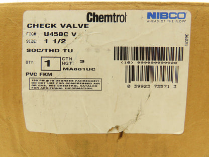 NIBCO U45BC V Check Valve 1 1/4" Chemtrol Body 1 1/2" End Fittings Glue And NPT