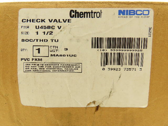 NIBCO U45BC V Check Valve 1 1/4" Chemtrol Body 1 1/2" End Fittings Glue And NPT