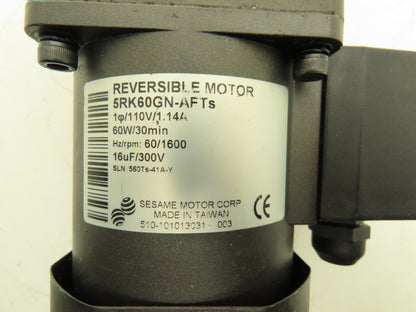 Sesame 5RK60GN-AFTs Reversible Gear Motor 25:1 Gearhead 64 RPM 110V 1PH 5GN25K