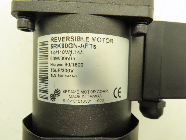 Sesame 5RK60GN-AFTs Reversible Gear Motor 25:1 Gearhead 64 RPM 110V 1PH 5GN25K