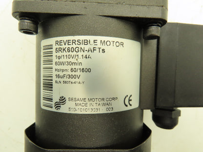 Sesame 5RK60GN-AFTs Reversible Gear Motor 25:1 Gearhead 64 RPM 110V 1PH 5GN25K