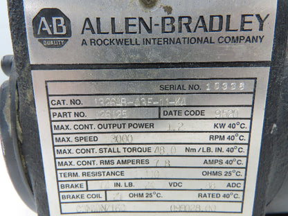 Allen Bradley 1326AB-A3F-11-K4 AC Servo Motor 1.2Kw 3000rpm 72in-lb 24v Brake