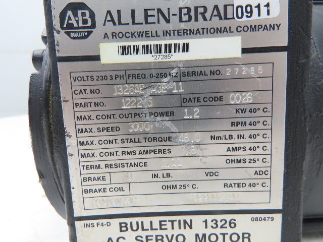 Allen Bradley 1326AB-A3E-11 AC Servo Motor 1.2Kw 3000rpm 480/360v 3ph