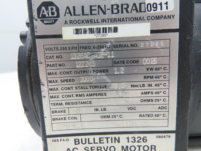 Allen Bradley 1326AB-A3E-11 AC Servo Motor 1.2Kw 3000rpm 480/360v 3ph