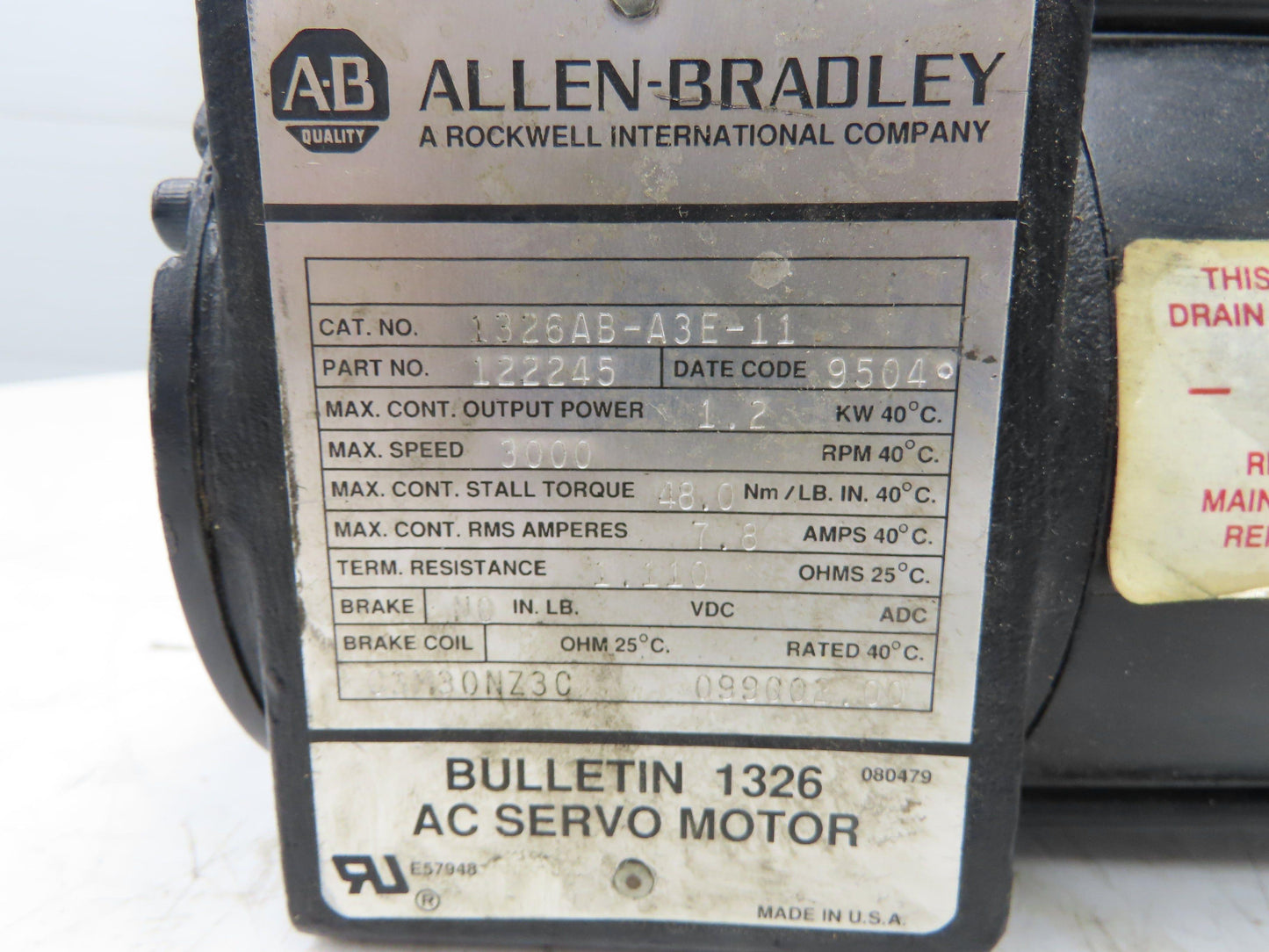 Allen Bradley 1326AB-A3E-11 AC Servo Motor 1.2Kw 3000rpm 480/360v 3ph