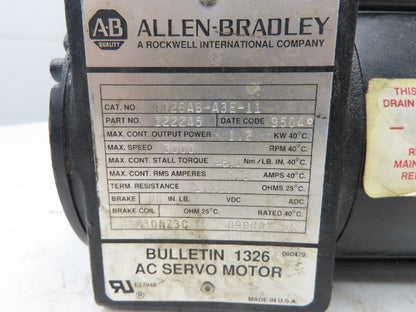 Allen Bradley 1326AB-A3E-11 AC Servo Motor 1.2Kw 3000rpm 480/360v 3ph