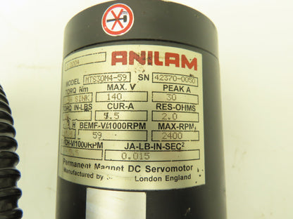 Anilam MTS30M4-59 DC Servo Motor 140V 2400 RPM w/Cable