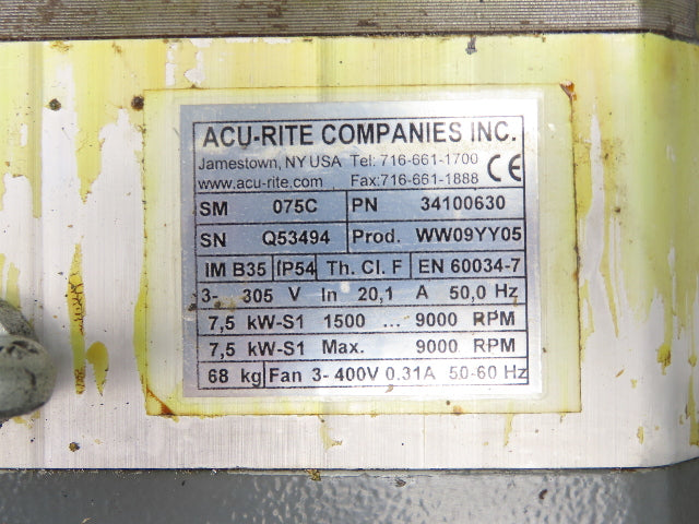 Acu-Rite SM 075C AC Servo Spindle Motor 7.5kw 1500-9000 RPM 305V 3PH Fan Cooled