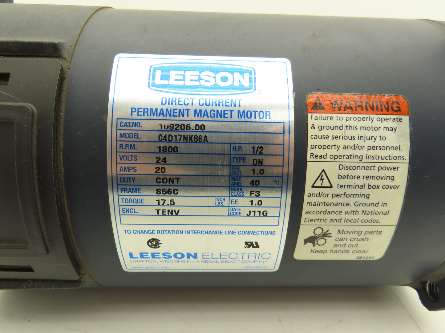 Leeson C4D17NK86A Permanent Magnet 24V DC Motor 1/2Hp 1800rpm S56C 109206.00