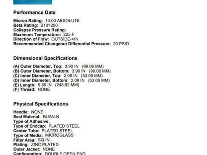 FilterMart 28-8389 Hydraulic Filter 10 Micron Absolute Double Open End Lot of 6