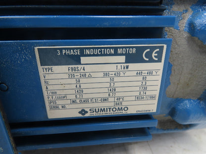 Sumitomo CNFMS1H-4095GB-17/G F90S/4 Brake Gearmotor 1.1kw 480V 3PH 102rpm 17:1