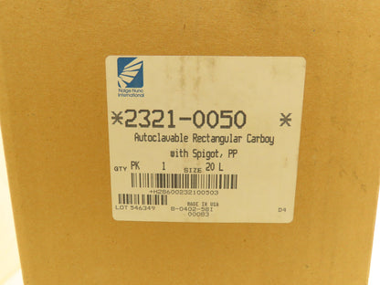 Nalgene 2321-0050 Autoclavable Rectangular Carboy With Spigot 20L Capacity