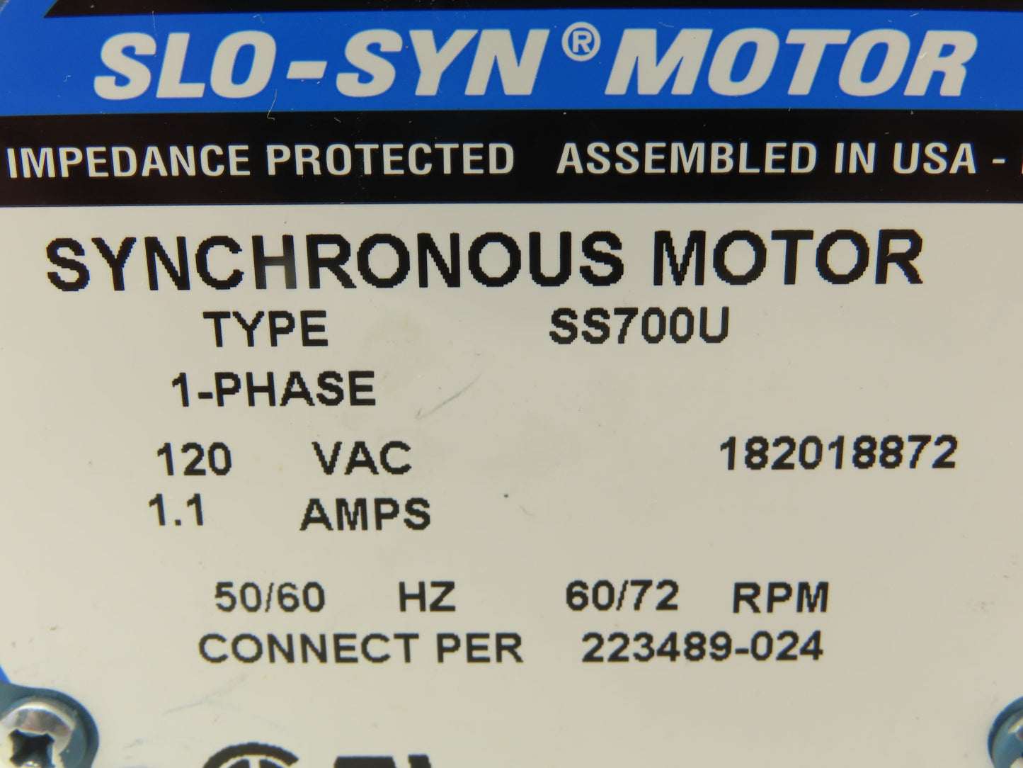 Superior Electric SS700U Slo-Syn Synchronous AC Stepper Motor 120V 1PH 72 RPM