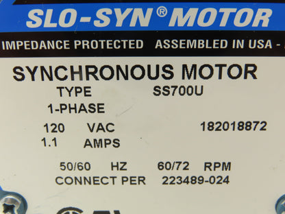 Superior Electric SS700U Slo-Syn Synchronous AC Stepper Motor 120V 1PH 72 RPM
