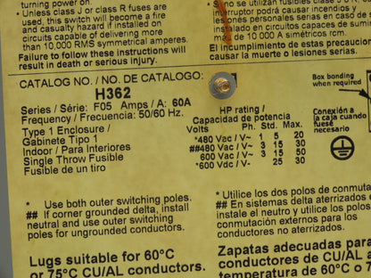 Square D H362 Heavy Duty Fused Safety Disconnect Switch 60A 600VAC Series F05