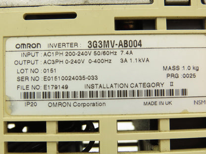 Omron 3G3MV-AB004 Sysdrive Inverter 0.55kW 200-240v 7.4A Input 0-240V 3A Output