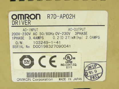 Omron R7D-AP02H Smartstep Driver 0.2kW 200-230v 3.4A 1ph In 0-230V 2A 3ph Out