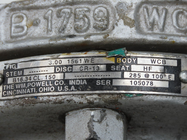 Powell 3.00 1561WE Swing Check Valve 3" Buttweld Carbon Steel Class 150