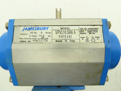 Jamesbury VPVL10SR6AF0514 Pneumatic Actuator 1/4 Turn 80psi 8ft-lb 1" Ball Valve
