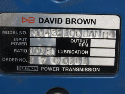 Textron David Brown M0432100BANU4 Inline Helical Gearbox 100:1 Reducer 18rpm 56C