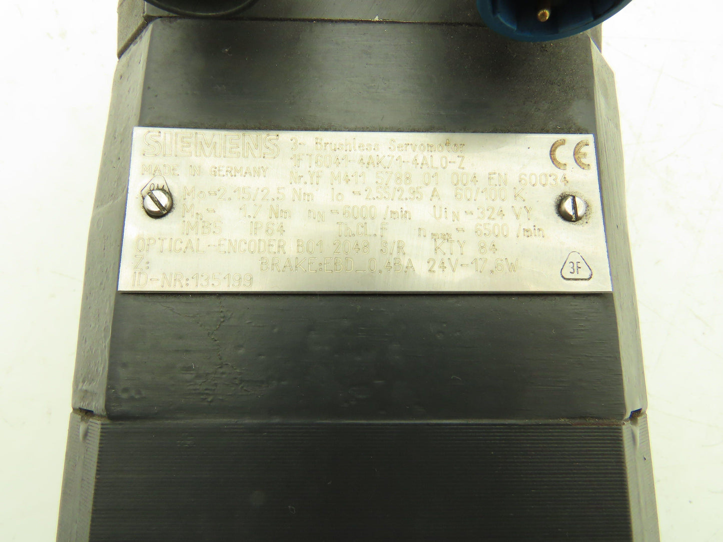 Siemens 1FT6041-4AK71-4AL0-Z Servo Motor w/Brake - Encoder B01 2048 S/R