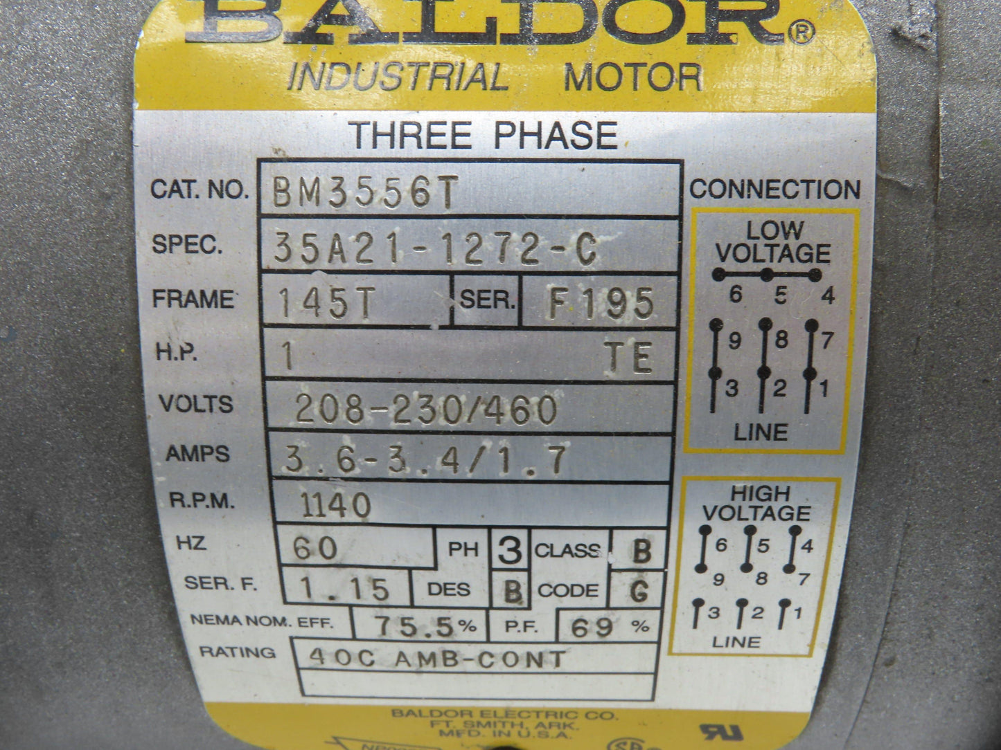 Baldor Electric BM3556T Brake Motor 1Hp 1140 RPM 230/460V 3PH 145T