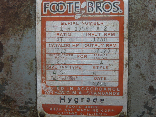 Foote Bros 4S Worm Gearbox 47:1 Ratio Reducer 2Hp 37.5 RPM Right Hand Output