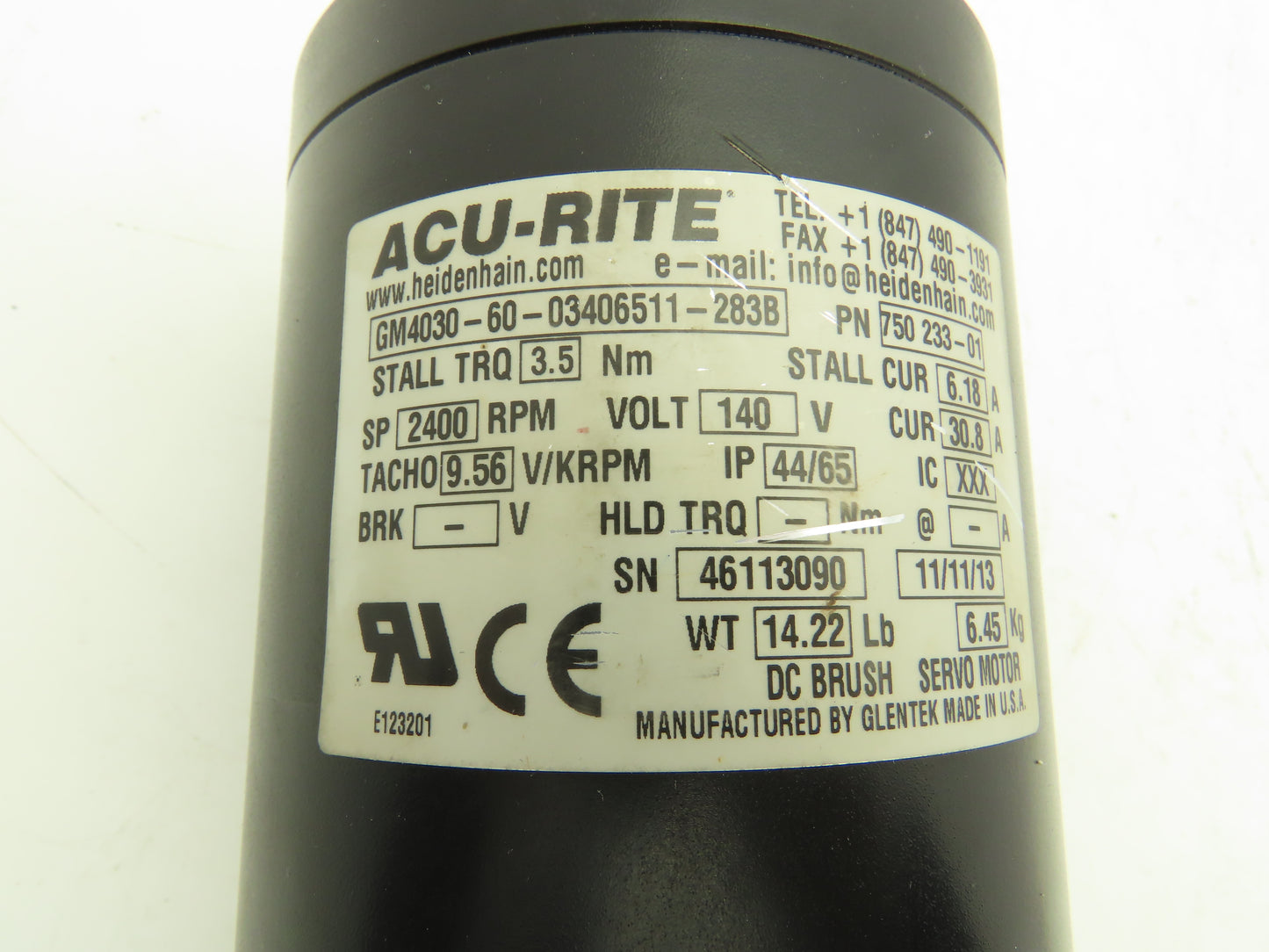 Acu-Rite 750 233-01 DC Servo Motor 140V 30.8A 2400RPM Max 31 in-lb