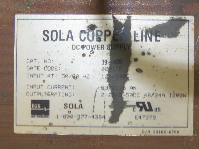 Sola 39-409 DC Power Supply 25/50VDC 24/48 Amps 1200W Input 120V