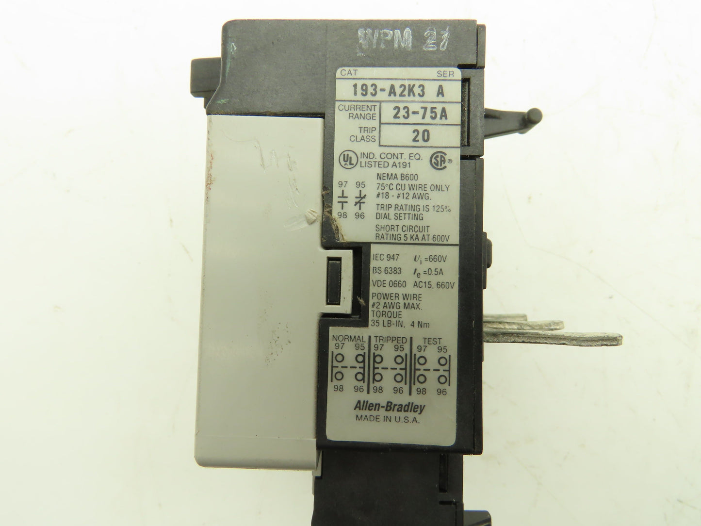 Allen Bradley 193-A2K3 Overload Relay 23-75A Class 20 NEMA B600
