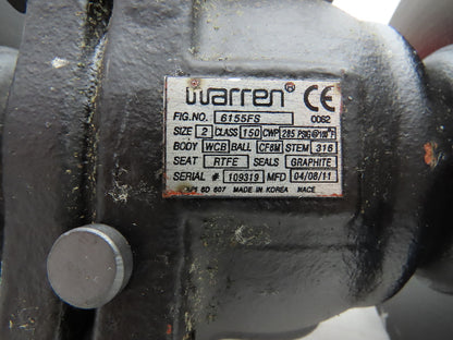 Warren 6155FS 2-Way Steel CF8M Ball Valve 285 Psi 2"  ANSI Class 150 Fire Safe