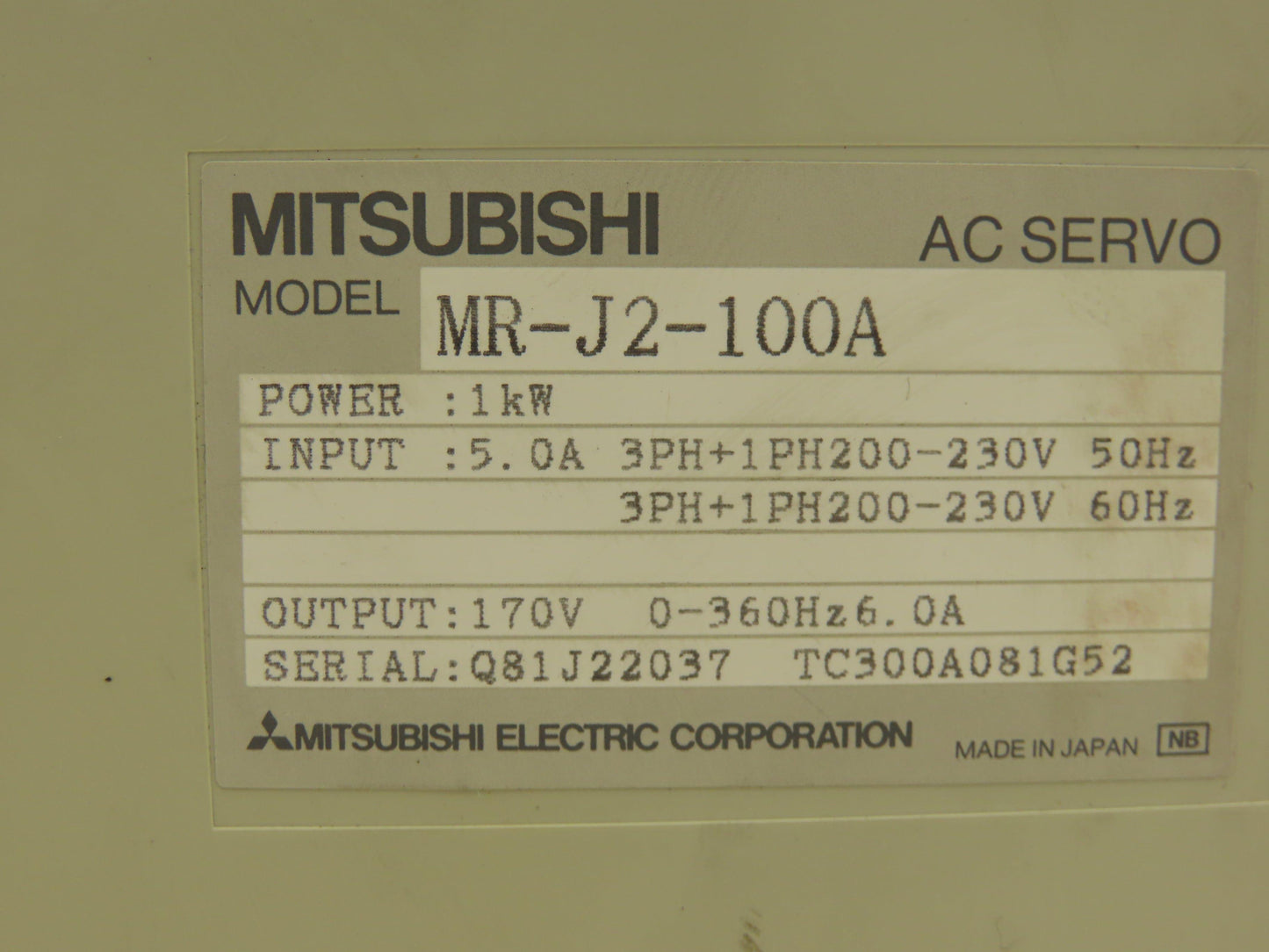 Mitsubishi MR-J2-100A MR-J2-100A AC Servo Drive 200-230V In 1kW 1-3Ph 170V Out